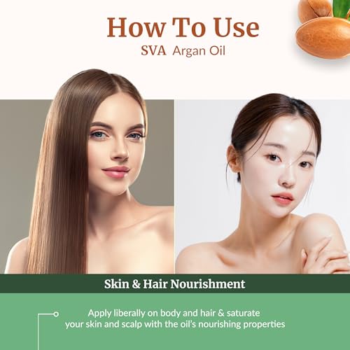 Image of SVA Organic Argan Carrier Oil, Glass Bottle with Dropper, 4 Fl Oz (118 ml) | Argan Oil for Hair Care, Scalp Care, Face Care, Facial Oil, Skin Care, Body Massage, Personal Care & DIY Beauty Blends