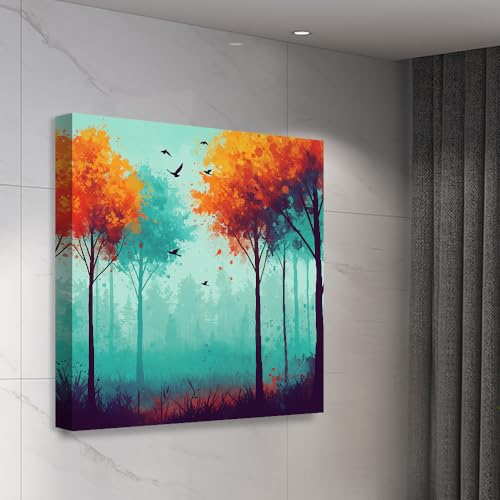 Image of EXSHA Vibrant Autumn Forest Square Canvas Painting|Abstract Colorful Trees Birds for Living Room, Bedroom, Office Decor|Modern Nature Decorative Art Print|Wall Painting for Home Decoration|24x24 Inch