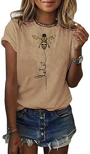 Pfvkeree Womens Cute Bee Graphic Tee Shirts Short Sleeve Let It Bee Funny Letter Print Summer T-Shirt Tops Z-Khaki