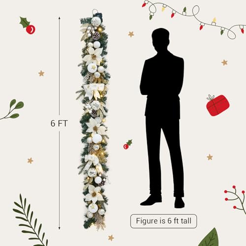 GarveeHome 6 Ft Pre-Lit Christmas Garland, Battery Operated Lighted Xmas Garland with 20 Lights & Timer, Christmas Garlands with Lights for Mantle Table Centerpiece Indoor Outdoor Decor,White