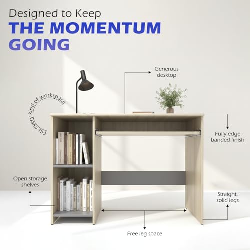 Image of 104x50x75CM Engineered Wood Study Table with Keyboard Tray & 2 Open Storage Shelves for Home, Office | Moisture Proof Computer, Laptop Table | 1 Year Warranty- Acacia Light with Grey