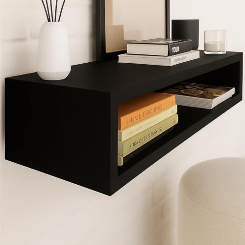 Image of Solid Wood Entertainment Floating Tv Unit for Living Room | Floating Media Tv Cabinet | Natural Finish Color and Size Off (Black, Large 115 CM)