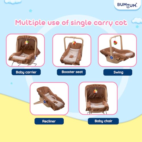 Image of BUMTUM Baby Carry Cot & Rocking Chair with Adjustable Handle| 3-Point Safety Lap Belt | Double Cushioned Washable Seats & Large Canopy for Babies (Brown)