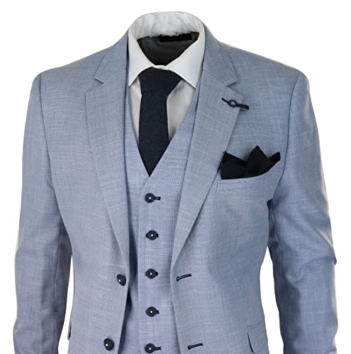 Mens 3 Piece Suit Light Blue Summer Linen Tailored Fit Wedding Prom Classic4