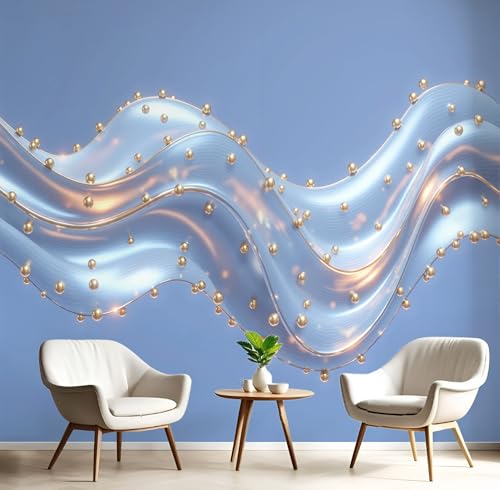 Papel pintado pared perla ondulada azul claro 200x140cm para salón y dormitorio 3D 4