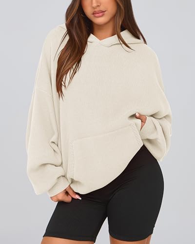 dowerme Women Oversized Sweaters 2025 Lantern Long Sleeve Drop Shoulder Chunky Knit Hooded Pullover Sweater with Pocket4