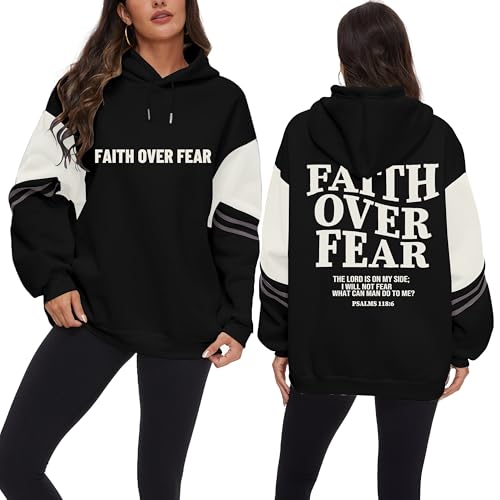 KPSTRO Women's Faith Over Fear Graphic Hoodie Christian Jesus Inspirational Sweatshirt Religious Sayings Pullover Tops, Black, XXXXL