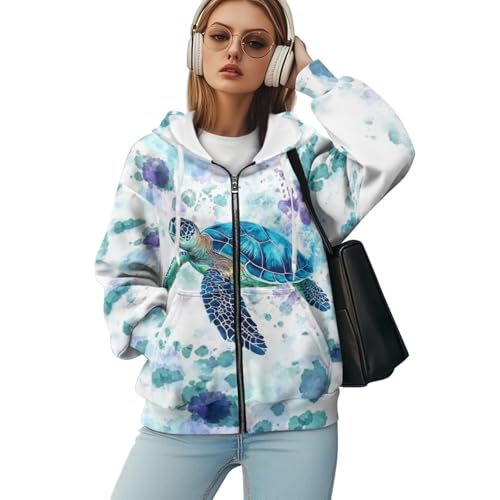 WELLFLYHOM Sea Turtle Zip Up Hoodie Y2K E-girl Oversize Sweatshirt