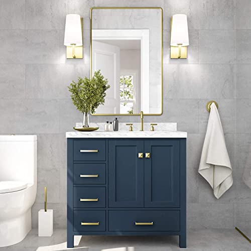 ARIEL Bathroom Vanity 37´´ Inch with Carrara White Marble Countertop and Rectangle Sink in Midnight Blue, 2 Soft Closing Doors, 5 Full Extension Dovetail Drawers, Right Offset, No Mirror