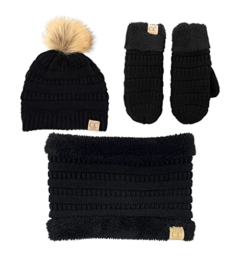 Funky Junque Kids Matching Neck Warmer Scarf Soft Fuzzy Cuff Gloves Mittens Ribbed Knit Pom Pom Beanie Bundle Boy Girl3