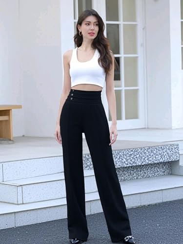 Betusline Women's High Waist Dress Pants Business Side Button Work Wide Leg Pants Straight Leg Trousers, X-Small-XX-Large4