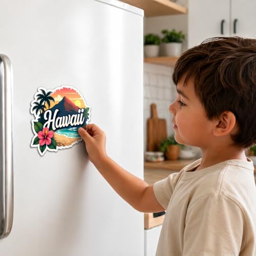 Image of Naxon Hawaii Beach Island Theme Souvenir Wooden Fridge Magnet | Tropical Palm Trees, Ocean Waves & Sunset Design 3x3 Inch Refrigerator Magnet for Kitchen | Travel Gift from Hawaii | Pack of 1