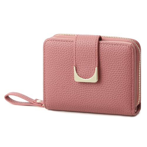 LEEXTON Cartera pequeña para mujer con bloqueo RFID, de cuero, compacta, plegable, con bolsillo con cremallera para monedas y ventana de identificación, Rojo vino