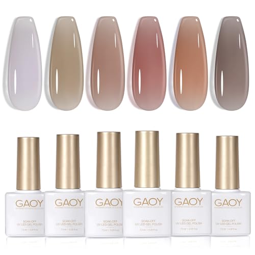 Image of GAOY Jelly Nude Nail Polish Set, 6 Transparent Colors Sheer Brown Grey Soak Off UV Light Cure Gel Polish Kit for Salon and Nail Art DIY at Home