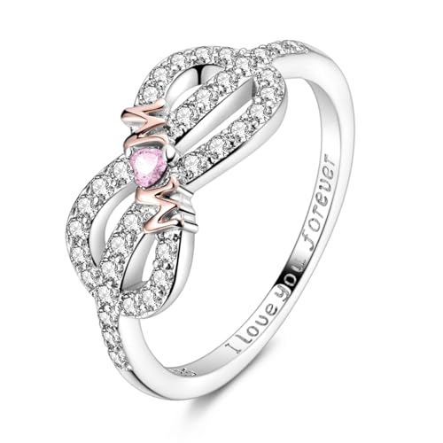 NARMO 925 Sterling Silver Women Rings Love Mom Cubic Zirconia Rings for Mothers Day Statement Ring Size 9