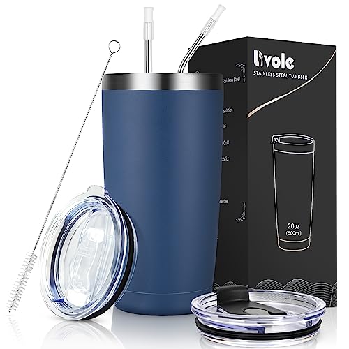 Livole 20OZ Travel Tumbler, 600ml Double Walled Vacuum Insulated Coffee Cup, Thermal Stainless Steel Travel Mug with 2 Straws and 2 Lids, Reusable Cup for Hot Cold Drinks, Leakproof, Navy Blue