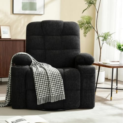 Image of Swivel Rocker Recliner Chair, Recliner Single Sofa with Massage,Manual Nursery Rocking Chair with Side Pockets & Cup Holder, Modern Recliner with Heating for Living Room, Apartment(Black)