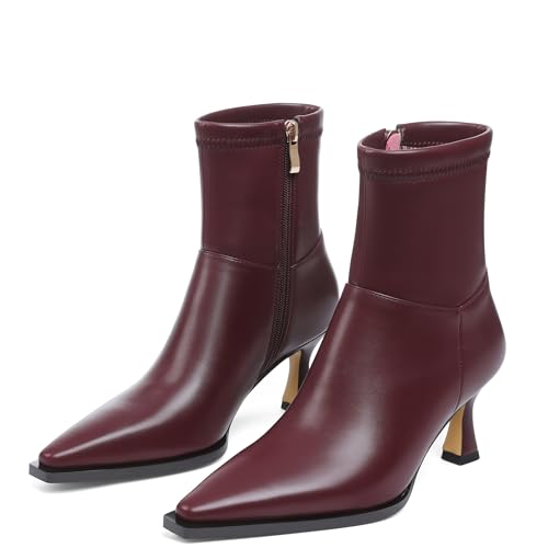 Atsroel Burgundy Booties For Women Fall Kitten Heel Ankle Boots Pointed Toe Short Boots Side Zip Dressy Booties For Women Low Heel Size 8.5