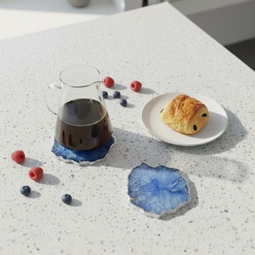 Image of Natural Agate Stone Silver Plated Tea Coasters Set | Premium Stone Coasters for Tea, Coffee & Glass | Heat Resistant Coasters for Dining Table, Office Desk & Home Decor | Pack of 2 | Color -Blue