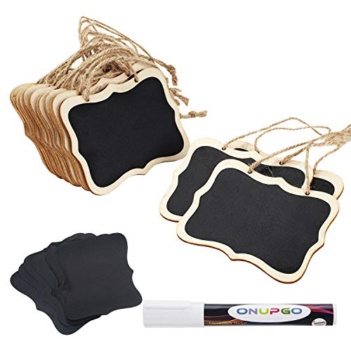 ONUPGO 16 Pack Chalkboard Tags with String, 4″x3″ Hanging Chalkboard Signs with Liquid Chalk Marker, Wooden Mini Blackboard Tags Massage Board Tags, Hanging Chalkboard Price Tags