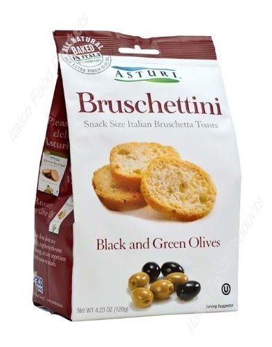 Asturi Black & Green Olive Bruschettini (Snack Size Italian Bruschetta Toasts), Buy TWELVE Bags and SAVE, Each Bag is 4.23 oz (Pack of 12)