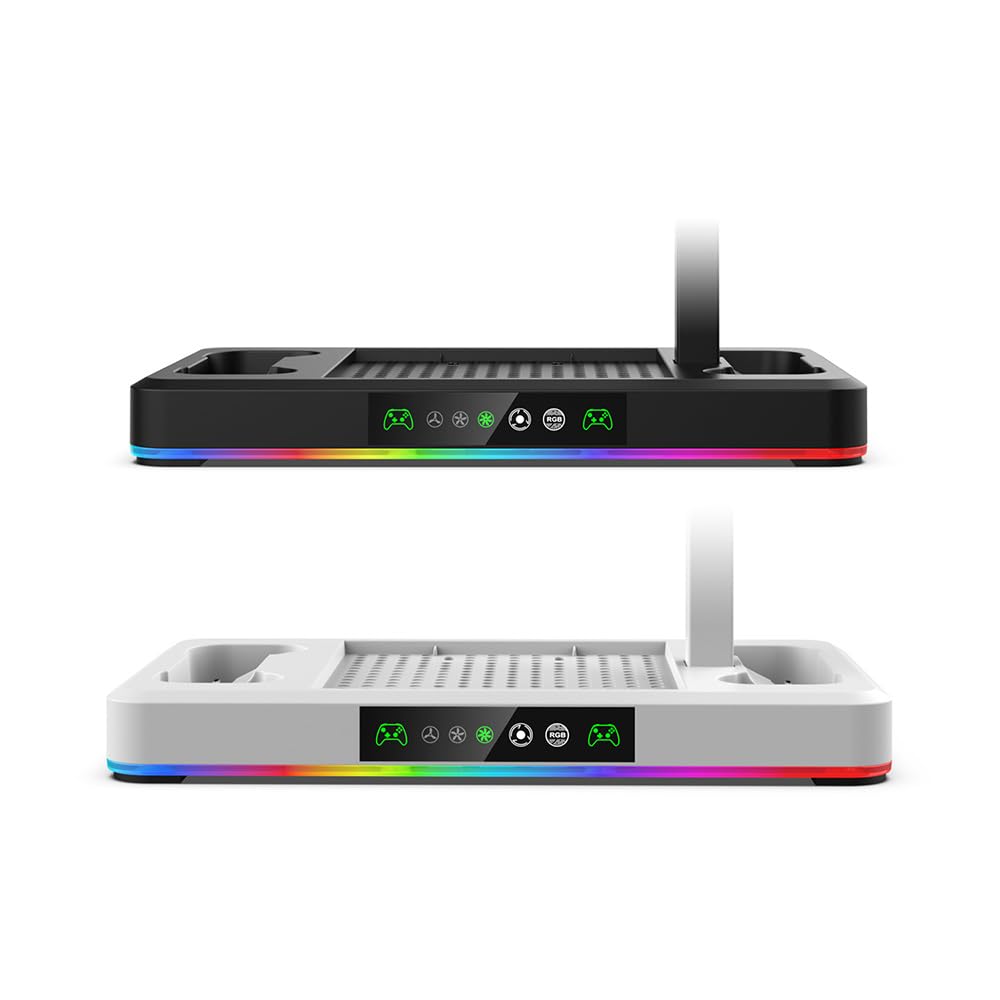 Ventola di raffreddamento verticale automatica e doppia stazione di ricarica per Xbox Series S/Series X con illuminazione ambientale RGB, grande ventola turbo, supporto per cuffie, filtri antipolvere