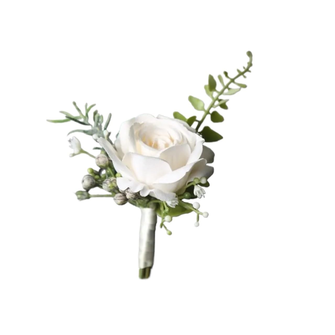 HIFRQVVC Rose Corsage Bracelet, White Wedding Groom Artificial Roses Wrist Corsage Boutonniere(Boutonniere)