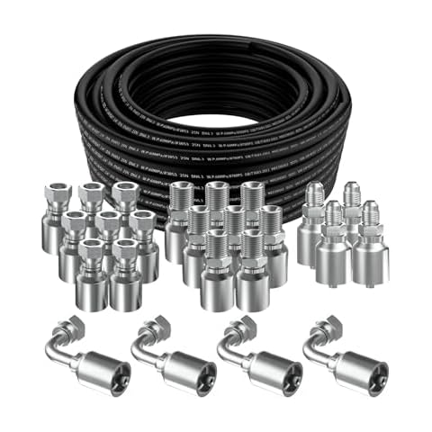 100Ft 1/4 Hydraulic Hose with 24Pcs 1/4" NPTF Male & 1/4inch JIC 37° Female & Male & Female 90° Elbow Hydraulic Hose Fittings W.P.60MPa / 8700PSI Cover