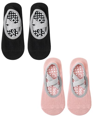 Image of Yoga Socks for Women Non-Slip Grips & Straps, Ideal for Pilates, Pure Barre, Ballet, Dance, Barefoot Workout Black+Pink