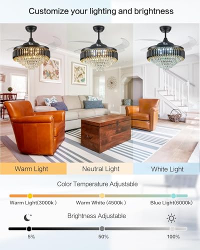 Image of 42 inch Crystal Ceiling Fan Black Gold Chandelier with Remote | Retractable Blades | LED Light (3 Color Modes) | Modern Luxury Fan Light for Living Room & Dining Fan Chandelier
