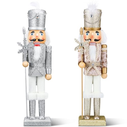 Soaoo 2 Pcs Christmas Nutcracker Ornament 15'' Wooden Nutcracker Soldier Figures Traditional Nutcrackers Christmas Decor for Holiday Party Tabletop Decoration