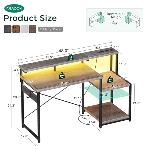 Image of AODK Computer Desk, 48 Inch Gaming Desk with Led Lights & Power Outlet, Office Desk with Storage Shelves, Reversible Desk with Monitor Shelf & Headphone Hook, Grey Oak