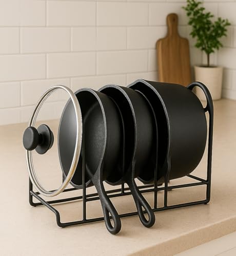 Image of Heavy Duty Dish Rack Organizer - 5 Tier Slot Cookware Holder, Space-Saving Black Iron Stand for Countertop, 10.5 inch L x 7.5 inch W x 12 inch H