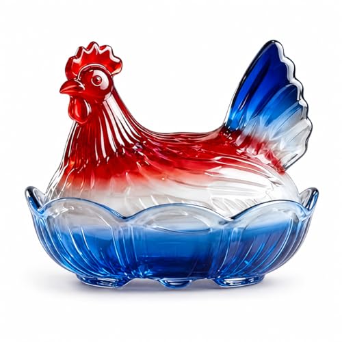 Hen on Nest Glass Candy Dish with Lid Red White Blue Crystal Glass Chicken Candy Jar Covered Bowl for Candy Nuts Snacks & Desserts Farmhouse Kitchen Tabletop Decor 6.7 in
