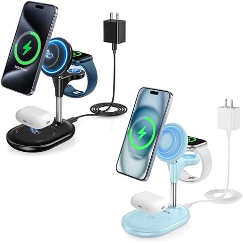 Hevanto 3 in 1 Mag-Safe Charger Stand for iPhone, AirPods and Apple Watch - 2 Pack (Black and Ice Blue) Cover