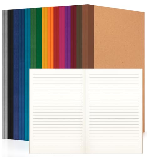 ALKALO 30 Pack Lined Notebook Journals Bulk, A5 College Ruled Composition Notebook, 8.3”x 5.5”, Kraft Cover with Vintage Spines, 15 Colors 60 Pages for School Office Travel(Vintage-Lined-30 pack)