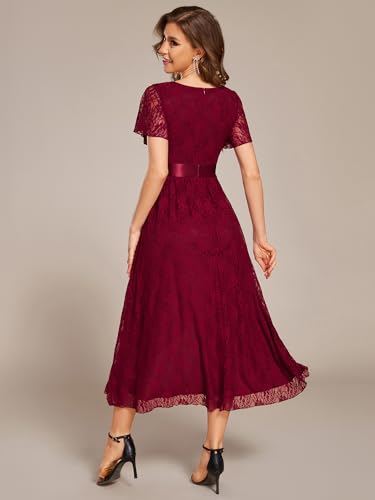 Image of Ever-Pretty Women's Lace Short Sleeve Round Neck Empire Waist Midi High Low Evening Gown 03489