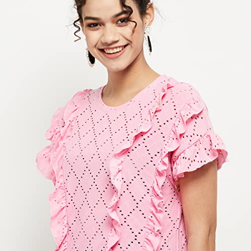 Image of Max Women Schiffli Detail Round Neck Ruffled Regular Fit Top