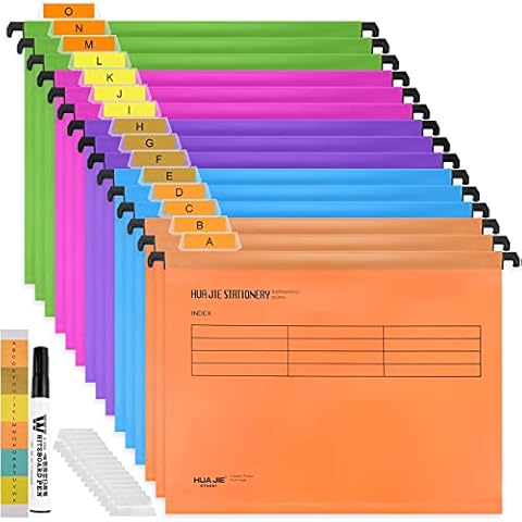 A4 Suspension Files, 15PCS Polypropylene Filing Cabinet Suspension Files with Tabs, Card Inserts and Erasable Pen, A4 Hanging Filing Storage Folders for School Home Work Office Organization (5 Color) Cover