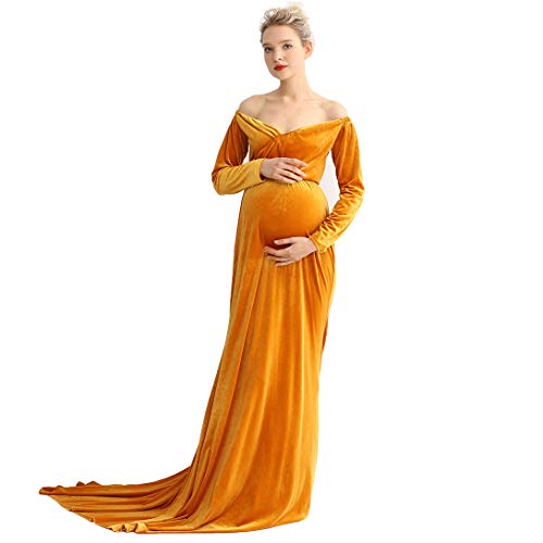 COSYOU Velvet Maxi Party Gown Dress Long Sleeve Maternity Dress for Photography Off Shoulder Maxi Cocktail Costume Party Dresses (XL, Yellow)