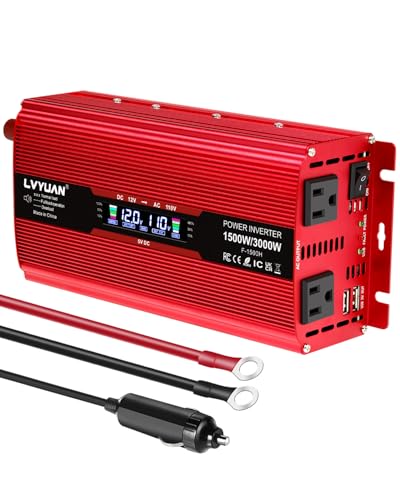 Image of LVYUAN 1500W Car Power Inverter 12V to 110V DC to AC with 2 US Sockets, Cigarette Lighter, LCD Display, USB Ports for Car, Home, Truck, Outdoor, Camping