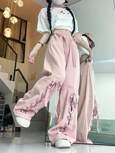 Y2K Bow Tie Jeans for Women Baggy Casual Wide Leg Pants Kawaii Straight High Waist Drawstring Pink Trousers4