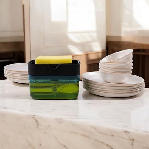 Image of HomeWiz Soap Dispenser for Kitchen & Bathroom 400ml | Countertop Soap Pump Bottle with Sponge Holder | Kitchen Sink Dishwash Liquid & Hand Wash Dispenser | Clear Rust-Free Body | Easy Clean & Refill