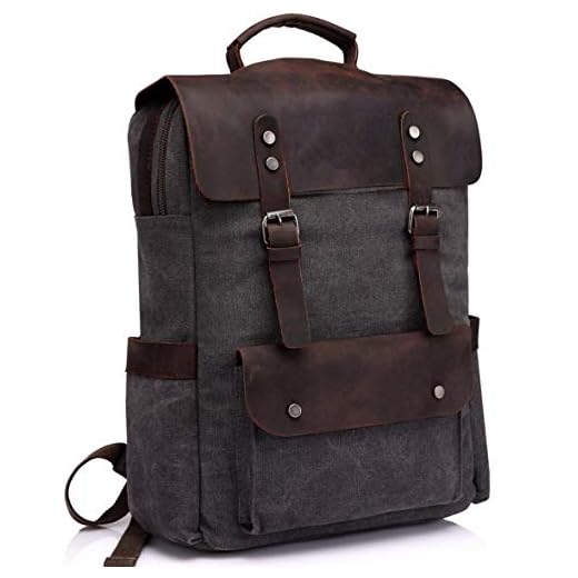 TENSKY Vintage Canvas Leather Backpack Campus Book-Bag Outdoor Recreation Fits 15.6 in Laptop