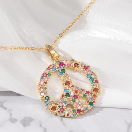 Colorful Peace Sign Pendant Women's 14K Gold Plated Cubic Zirconia love Peace Symbol Heart, Music Note, Adjustable Boho Hippie Necklace Gift3