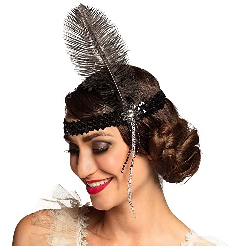 Boland 00620 - Stirnband Flapper, schwarz, Pailletten, Gummiband, Feder, weiße Perlen, Charleston, 20er Jahre, Chique, Karneval, Halloween, Fasching,...