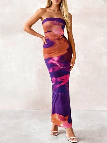 Image of PRETTYGARDEN Women Summer Strapless Maxi Dress Bodycon Floral Sexy Long Wedding Guest Dress Formal Tube Mesh Cocktail Dresses