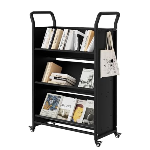 GarveeHome Book Cart, V-Shaped Metal Rolling Cart with 4 Lockable Wheels & Side Hooks, 3-Tier Storage Bookshelf for Home Library School Office Study(3