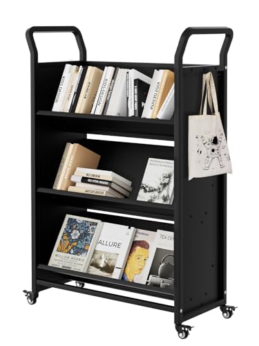GarveeHome Book Cart V-Shaped Metal Rolling Cart with 4 Lockable Wheels & Side Hooks 3-Tier Storage Bookshelf for Home Library School Office Study(32 in x14 in x49 in) Black
