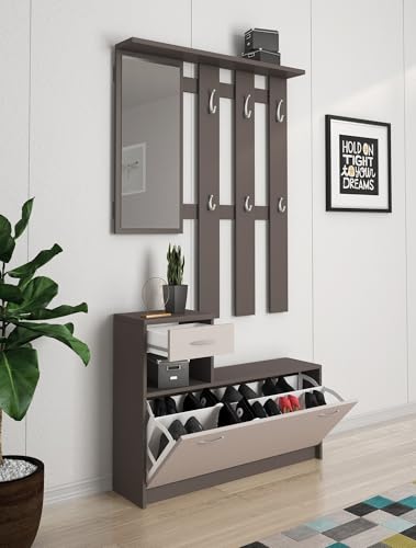 Dmora Ingresso Clint, Entratina Moderna con Specchio, Mobile con scarpiera, Armadietto Multifunzione, 100x25h180 cm, Beige e Grigio
